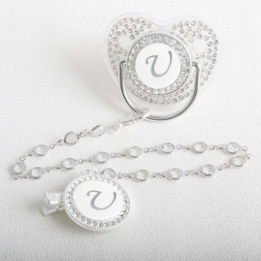 26 Initial Letter Transparent Baby Pacifier With Chain BPA Free Luxury Silver Dummy Soother