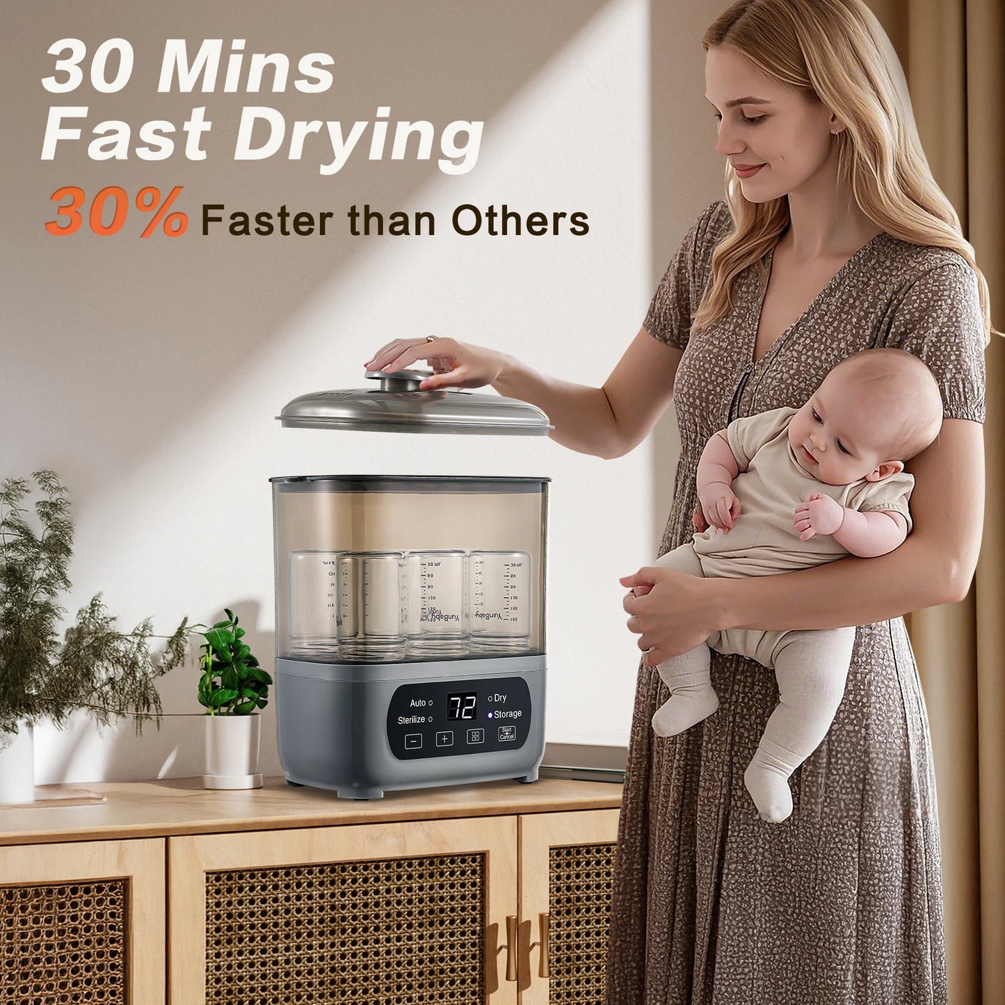 4-in-1 72H Storage, 30-Min Dry, 6 Bottles + Accessories,99.99% Germ-Free Baby Bottle Sterilizer & Dryer