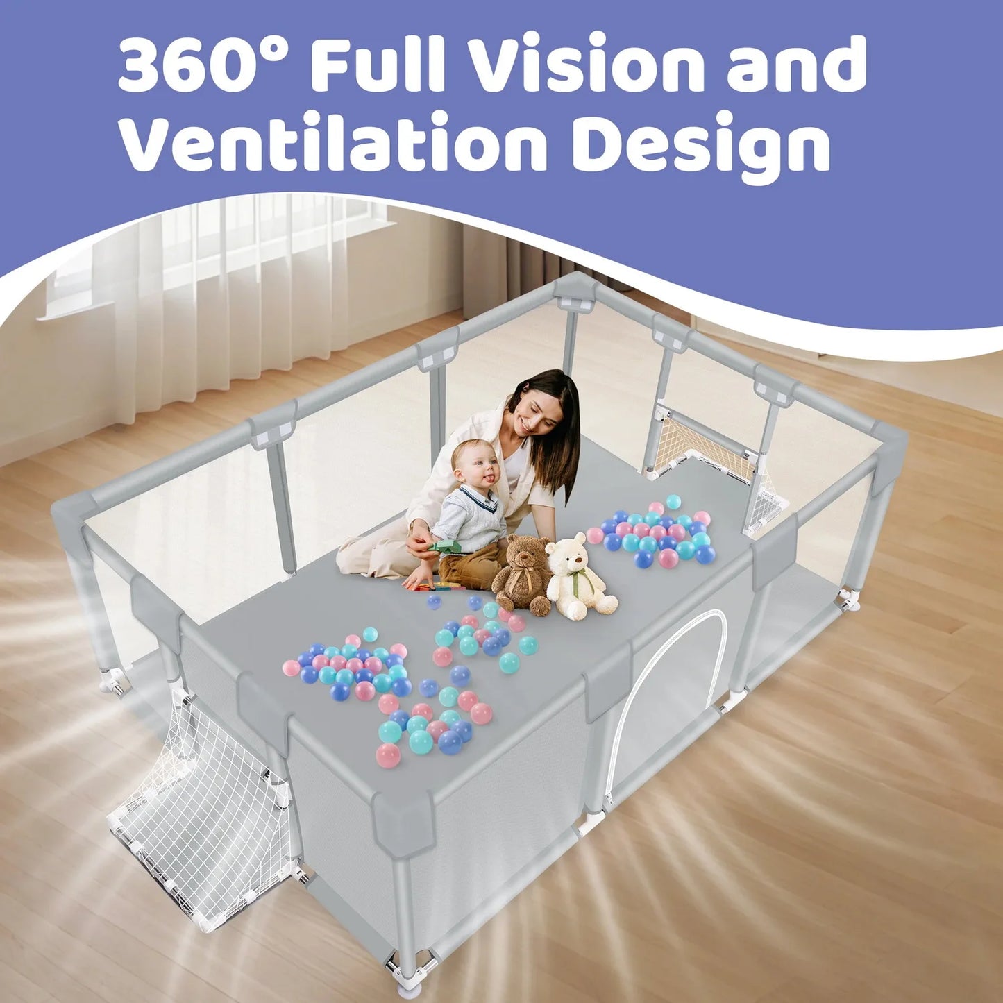 ANGDUO Baby Playpen Light Grey 71 Inch Large Baby Play Yard With Soft Breathable Mesh Safety Play Fence For Infant And Toddlers