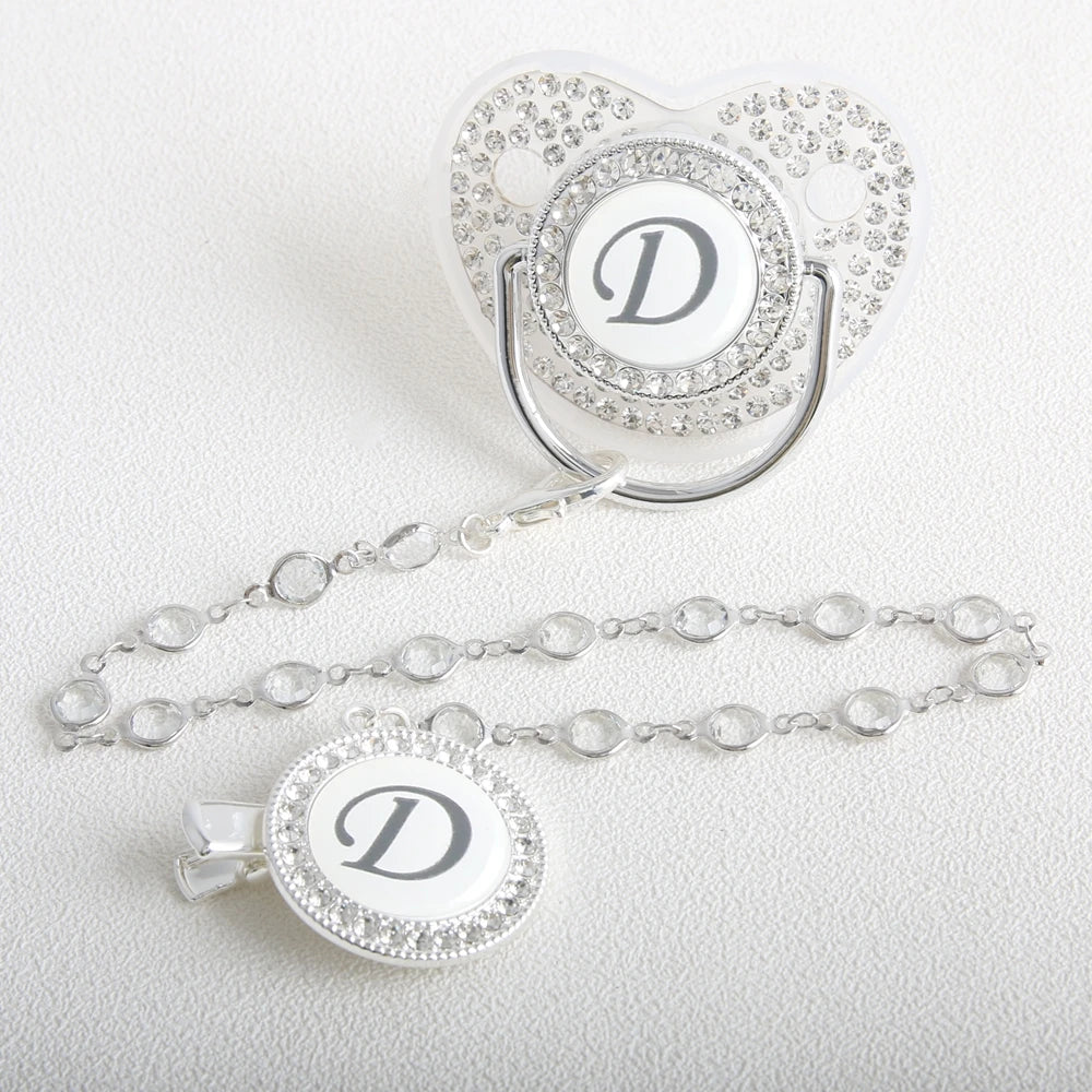 26 Initial Letter Transparent Baby Pacifier With Chain BPA Free Luxury Silver Dummy Soother