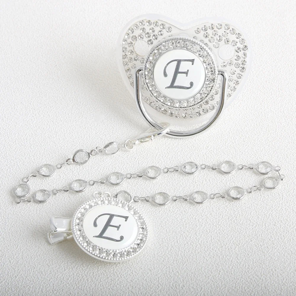 26 Initial Letter Transparent Baby Pacifier With Chain BPA Free Luxury Silver Dummy Soother