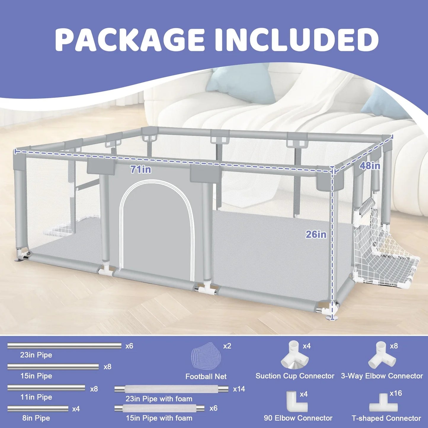 ANGDUO Baby Playpen Light Grey 71 Inch Large Baby Play Yard With Soft Breathable Mesh Safety Play Fence For Infant And Toddlers