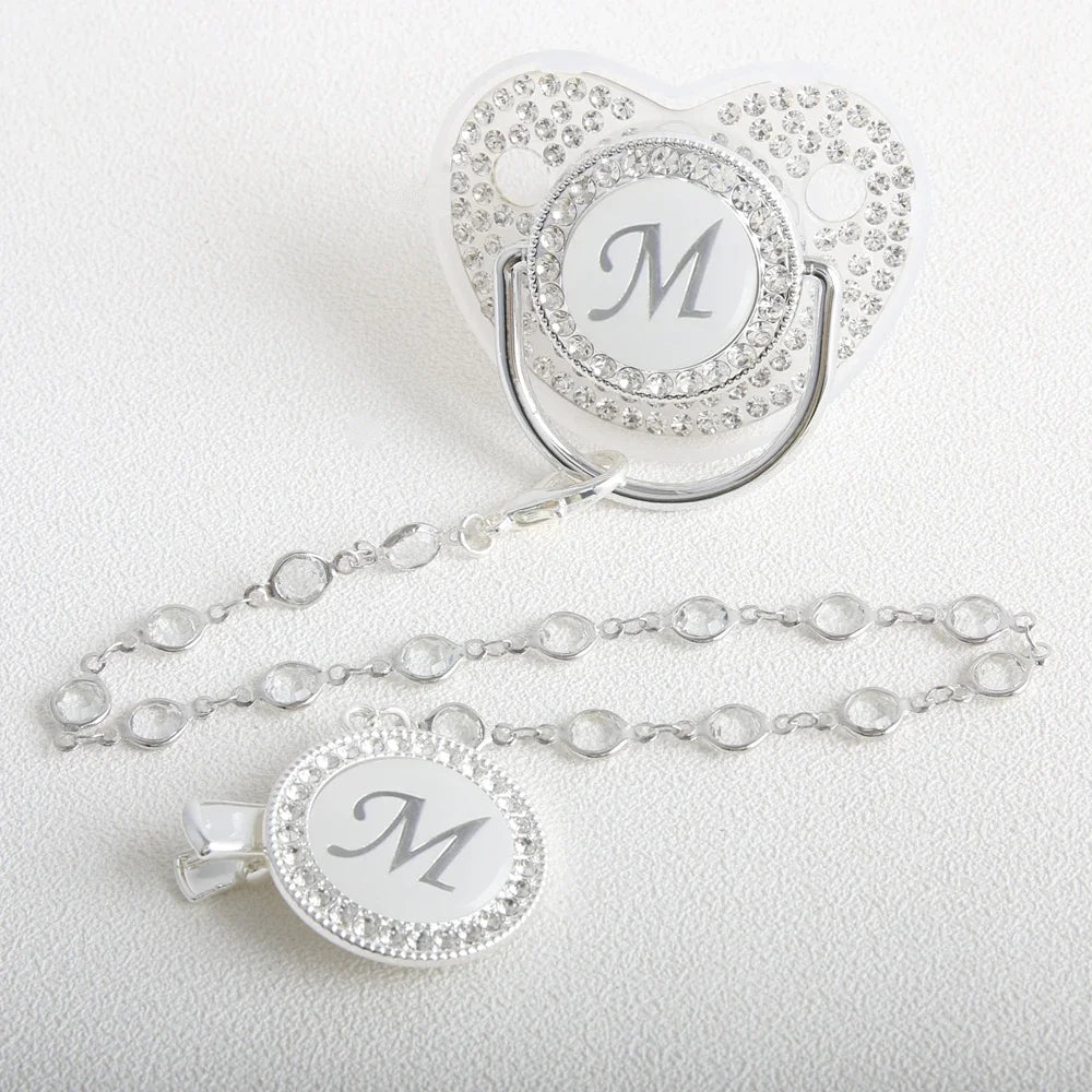 26 Initial Letter Transparent Baby Pacifier With Chain BPA Free Luxury Silver Dummy Soother