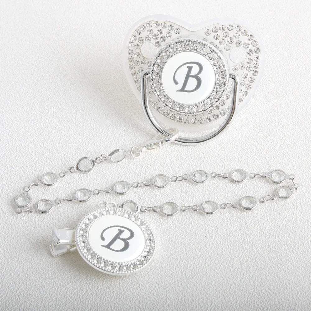 26 Initial Letter Transparent Baby Pacifier With Chain BPA Free Luxury Silver Dummy Soother