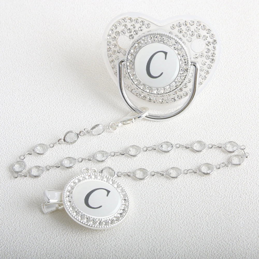 26 Initial Letter Transparent Baby Pacifier With Chain BPA Free Luxury Silver Dummy Soother