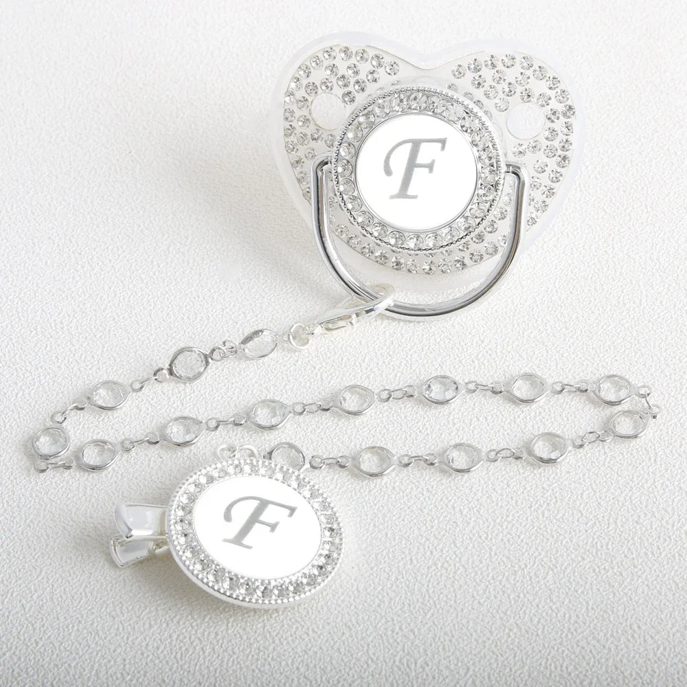 26 Initial Letter Transparent Baby Pacifier With Chain BPA Free Luxury Silver Dummy Soother