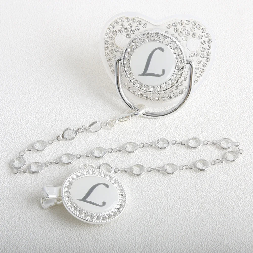 26 Initial Letter Transparent Baby Pacifier With Chain BPA Free Luxury Silver Dummy Soother