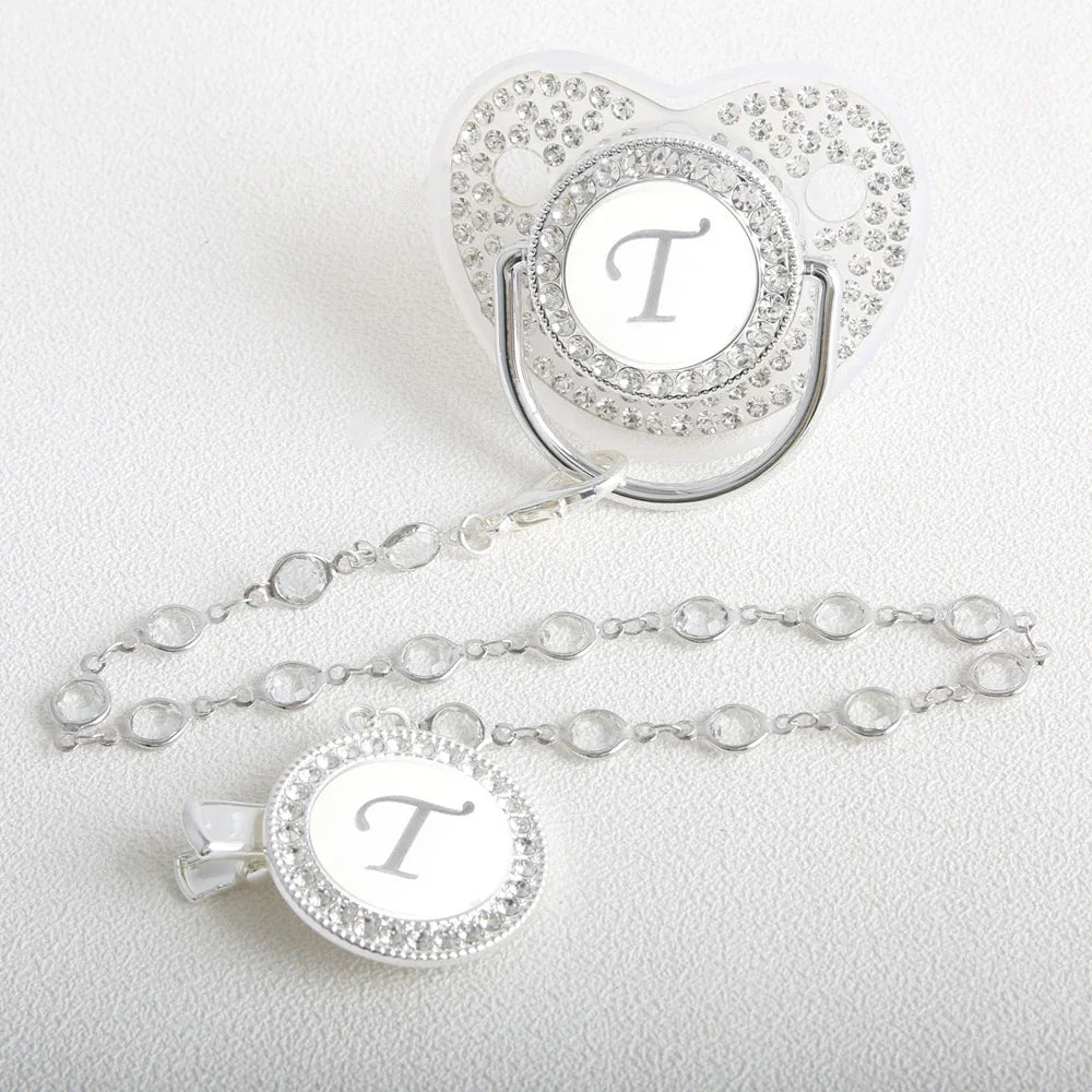 26 Initial Letter Transparent Baby Pacifier With Chain BPA Free Luxury Silver Dummy Soother