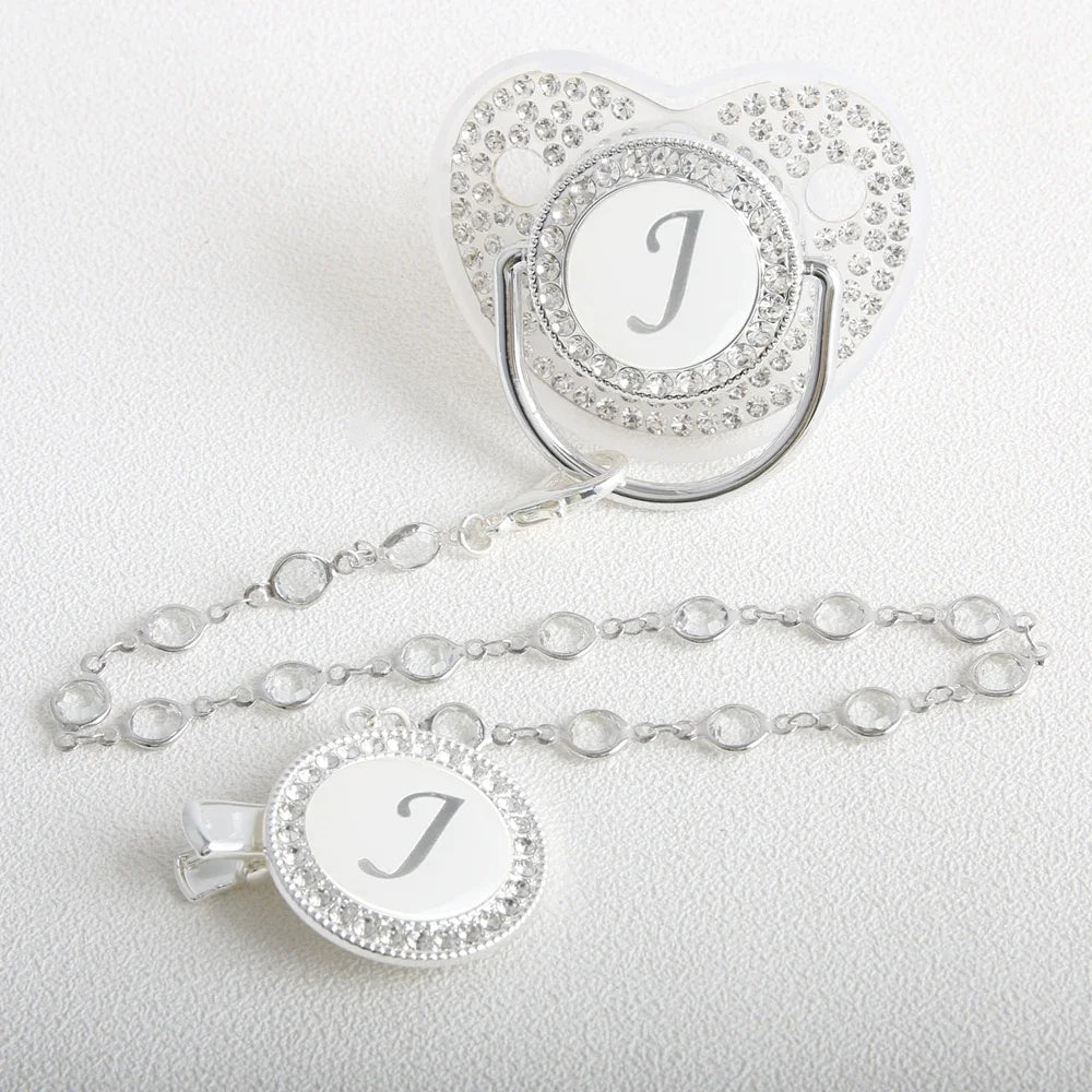 26 Initial Letter Transparent Baby Pacifier With Chain BPA Free Luxury Silver Dummy Soother