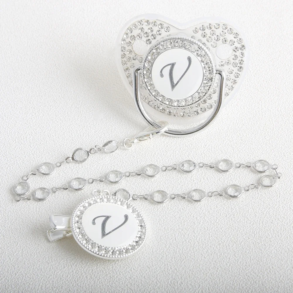 26 Initial Letter Transparent Baby Pacifier With Chain BPA Free Luxury Silver Dummy Soother