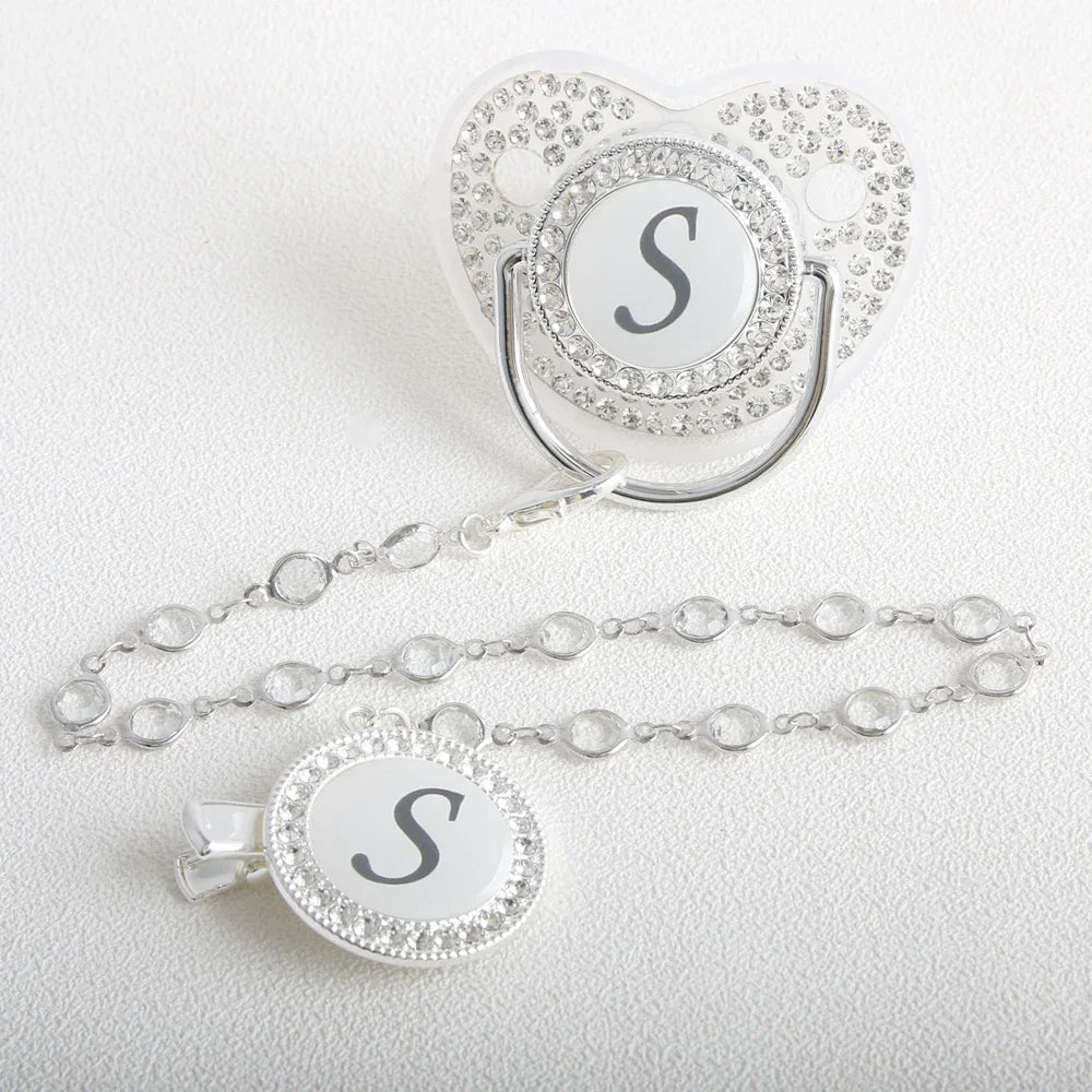 26 Initial Letter Transparent Baby Pacifier With Chain BPA Free Luxury Silver Dummy Soother