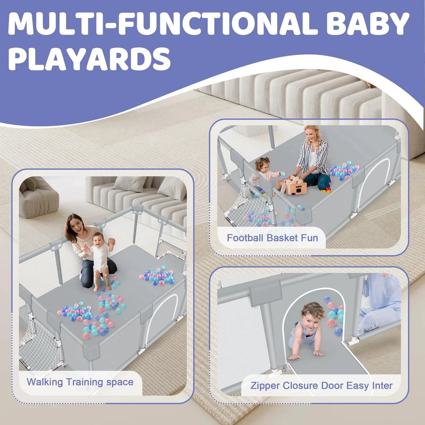 ANGDUO Baby Playpen Light Grey 71 Inch Large Baby Play Yard With Soft Breathable Mesh Safety Play Fence For Infant And Toddlers