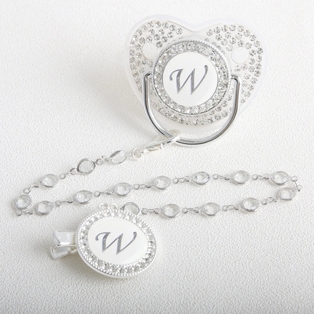 26 Initial Letter Transparent Baby Pacifier With Chain BPA Free Luxury Silver Dummy Soother
