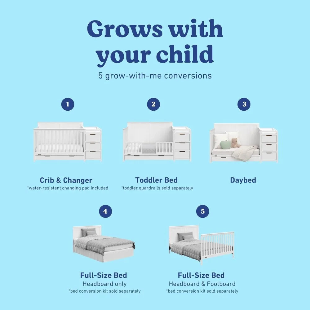 All-in-White Convertible Crib & Changer, Converts to Toddler & Full Bed, 4 Height Adjustable