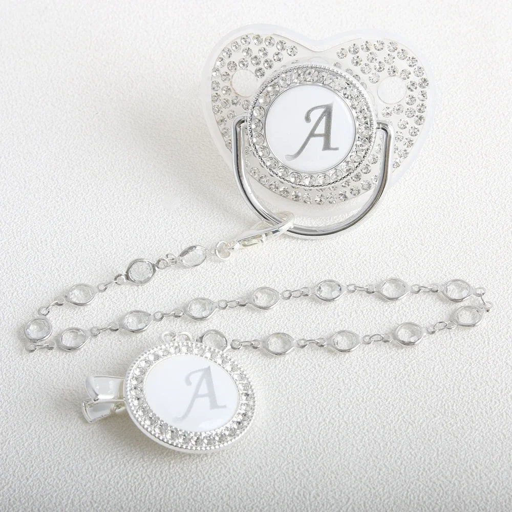 26 Initial Letter Transparent Baby Pacifier With Chain BPA Free Luxury Silver Dummy Soother