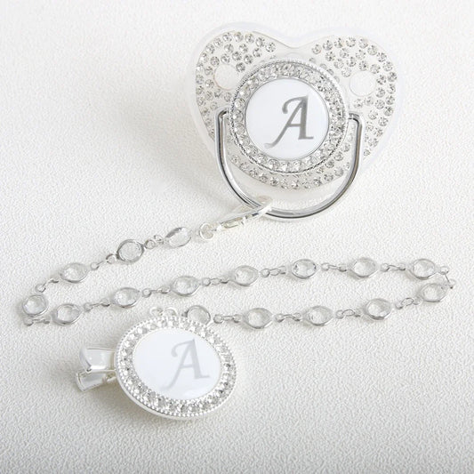 26 Initial Letter Transparent Baby Pacifier With Chain BPA Free Luxury Silver Dummy Soother