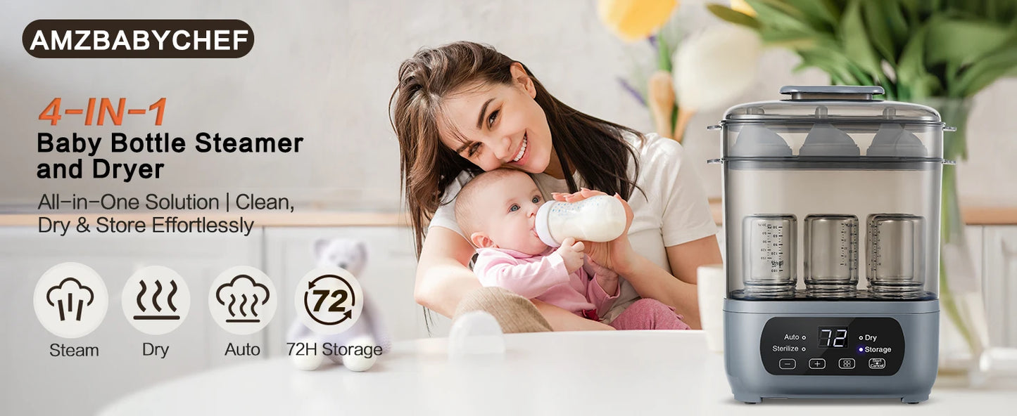 4-in-1 72H Storage, 30-Min Dry, 6 Bottles + Accessories,99.99% Germ-Free Baby Bottle Sterilizer & Dryer