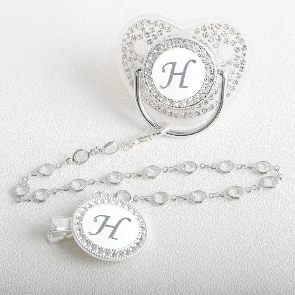 26 Initial Letter Transparent Baby Pacifier With Chain BPA Free Luxury Silver Dummy Soother
