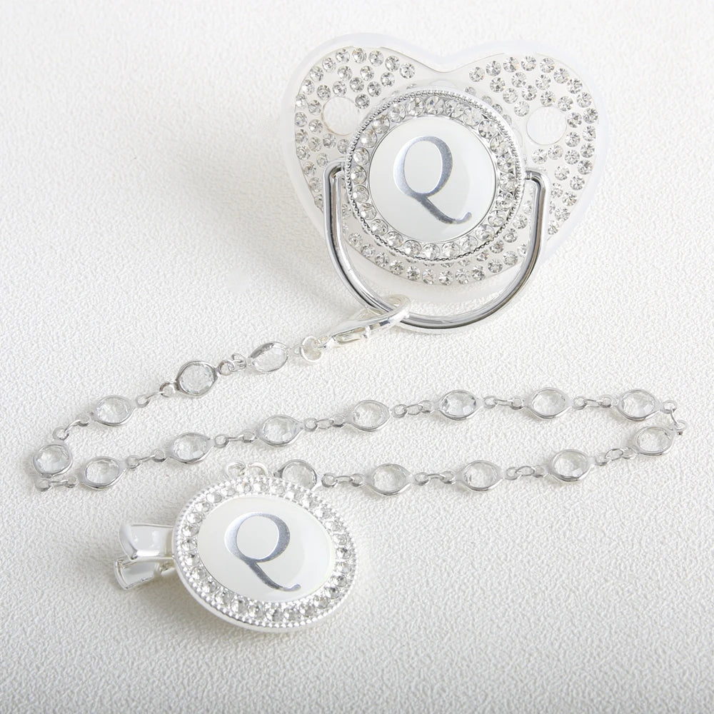 26 Initial Letter Transparent Baby Pacifier With Chain BPA Free Luxury Silver Dummy Soother