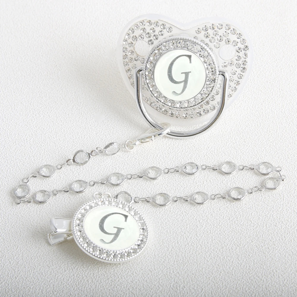 26 Initial Letter Transparent Baby Pacifier With Chain BPA Free Luxury Silver Dummy Soother