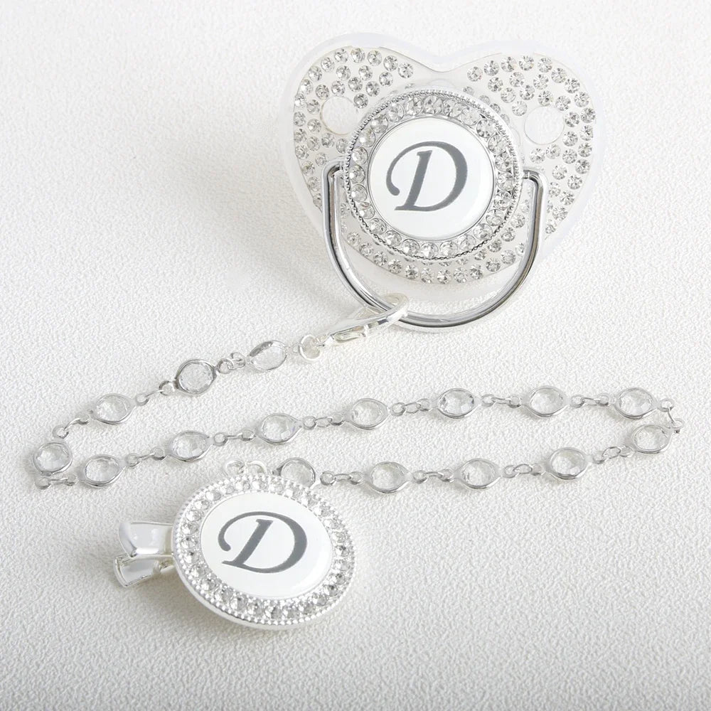 26 Initial Letter Transparent Baby Pacifier With Chain BPA Free Luxury Silver Dummy Soother