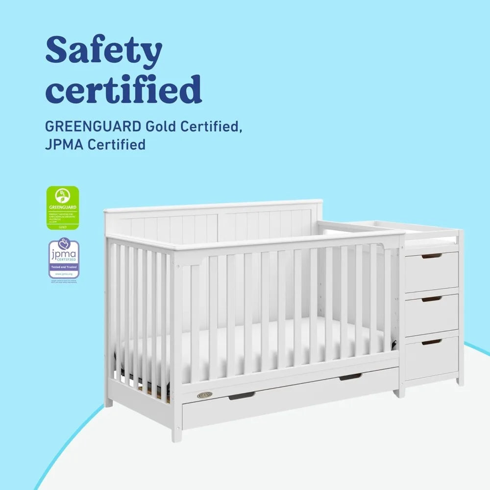 All-in-White Convertible Crib & Changer, Converts to Toddler & Full Bed, 4 Height Adjustable