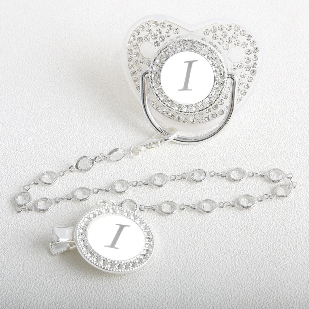 26 Initial Letter Transparent Baby Pacifier With Chain BPA Free Luxury Silver Dummy Soother