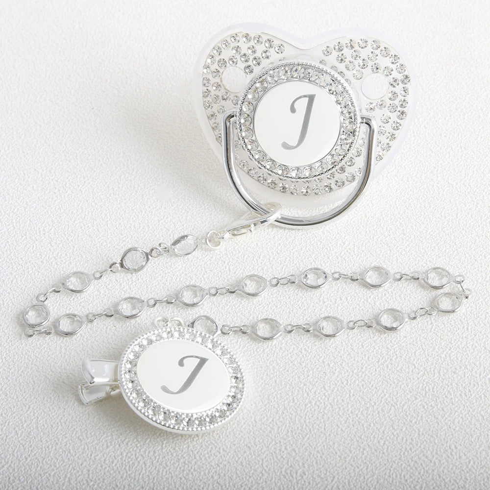 26 Initial Letter Transparent Baby Pacifier With Chain BPA Free Luxury Silver Dummy Soother