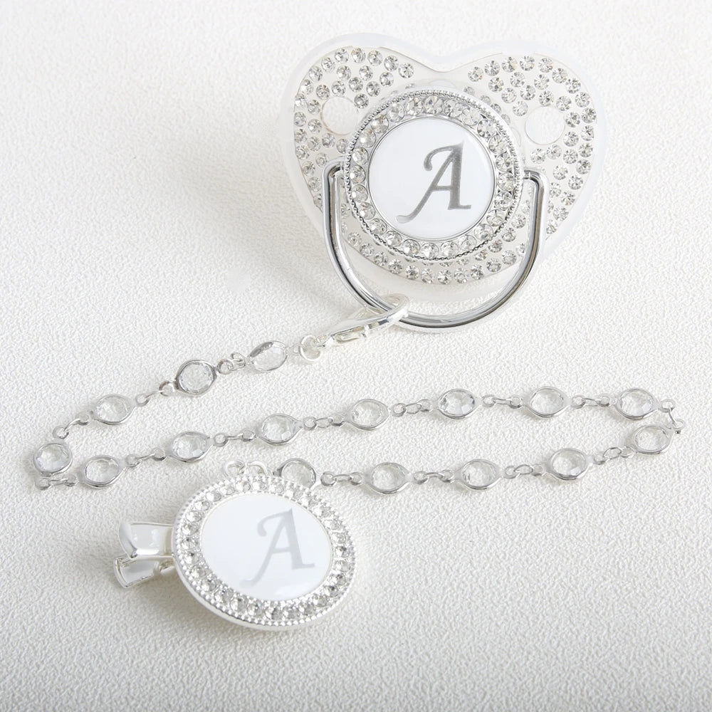 26 Initial Letter Transparent Baby Pacifier With Chain BPA Free Luxury Silver Dummy Soother
