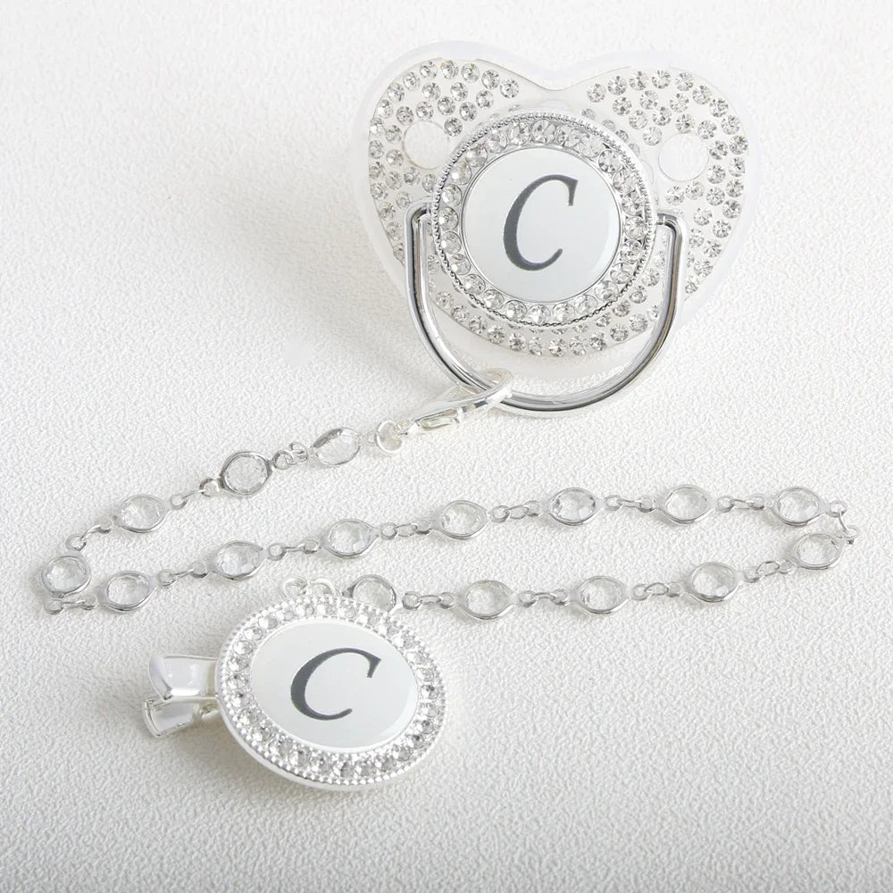 26 Initial Letter Transparent Baby Pacifier With Chain BPA Free Luxury Silver Dummy Soother