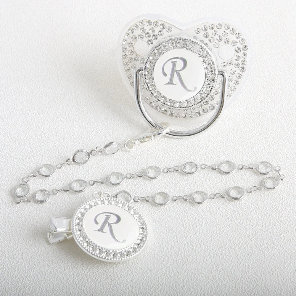 26 Initial Letter Transparent Baby Pacifier With Chain BPA Free Luxury Silver Dummy Soother