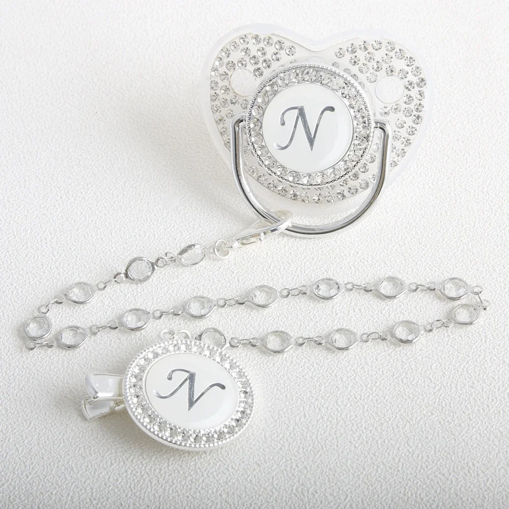 26 Initial Letter Transparent Baby Pacifier With Chain BPA Free Luxury Silver Dummy Soother