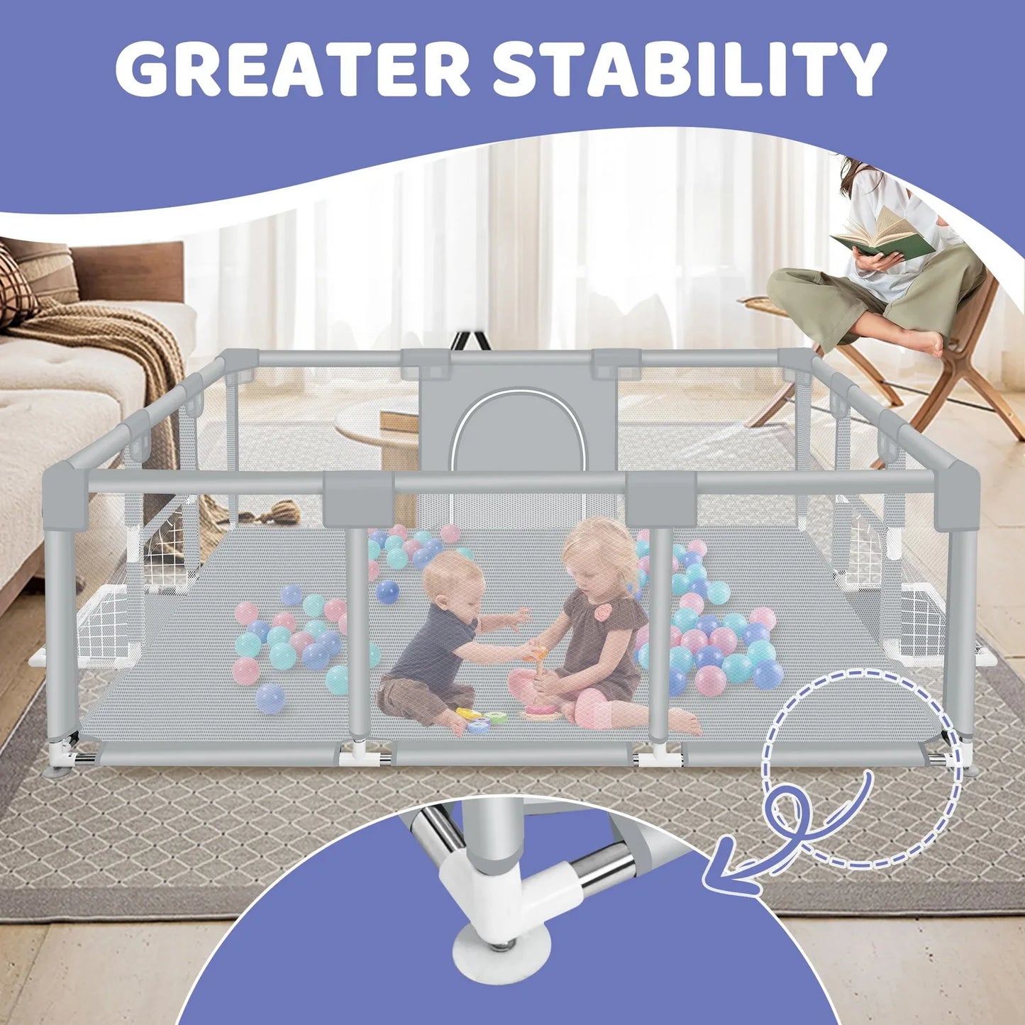 ANGDUO Baby Playpen Light Grey 71 Inch Large Baby Play Yard With Soft Breathable Mesh Safety Play Fence For Infant And Toddlers