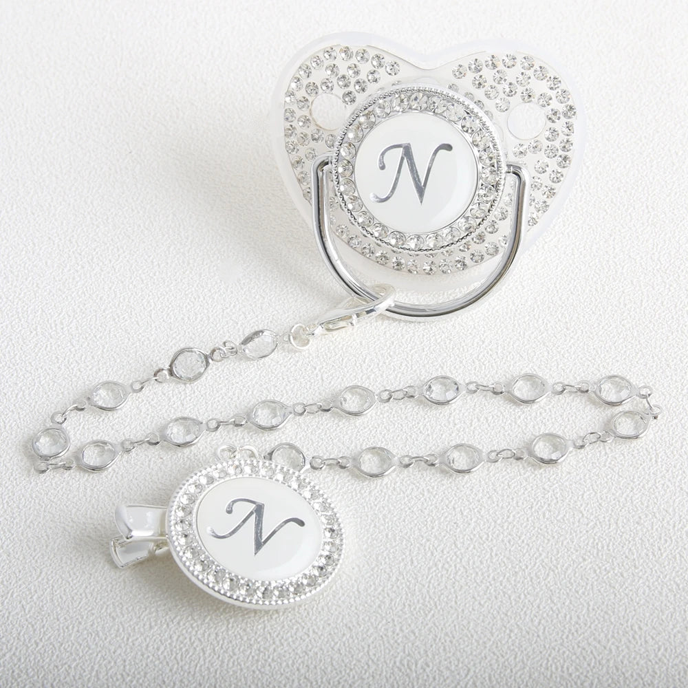 26 Initial Letter Transparent Baby Pacifier With Chain BPA Free Luxury Silver Dummy Soother