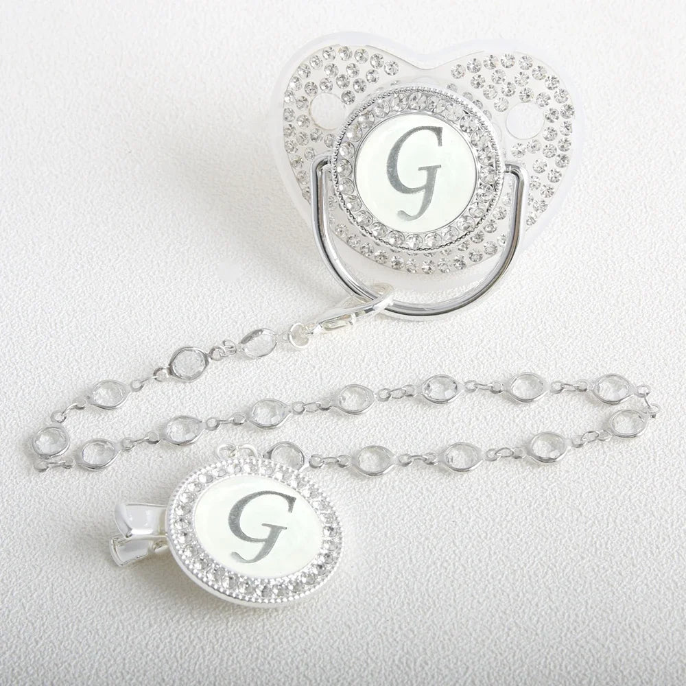 26 Initial Letter Transparent Baby Pacifier With Chain BPA Free Luxury Silver Dummy Soother