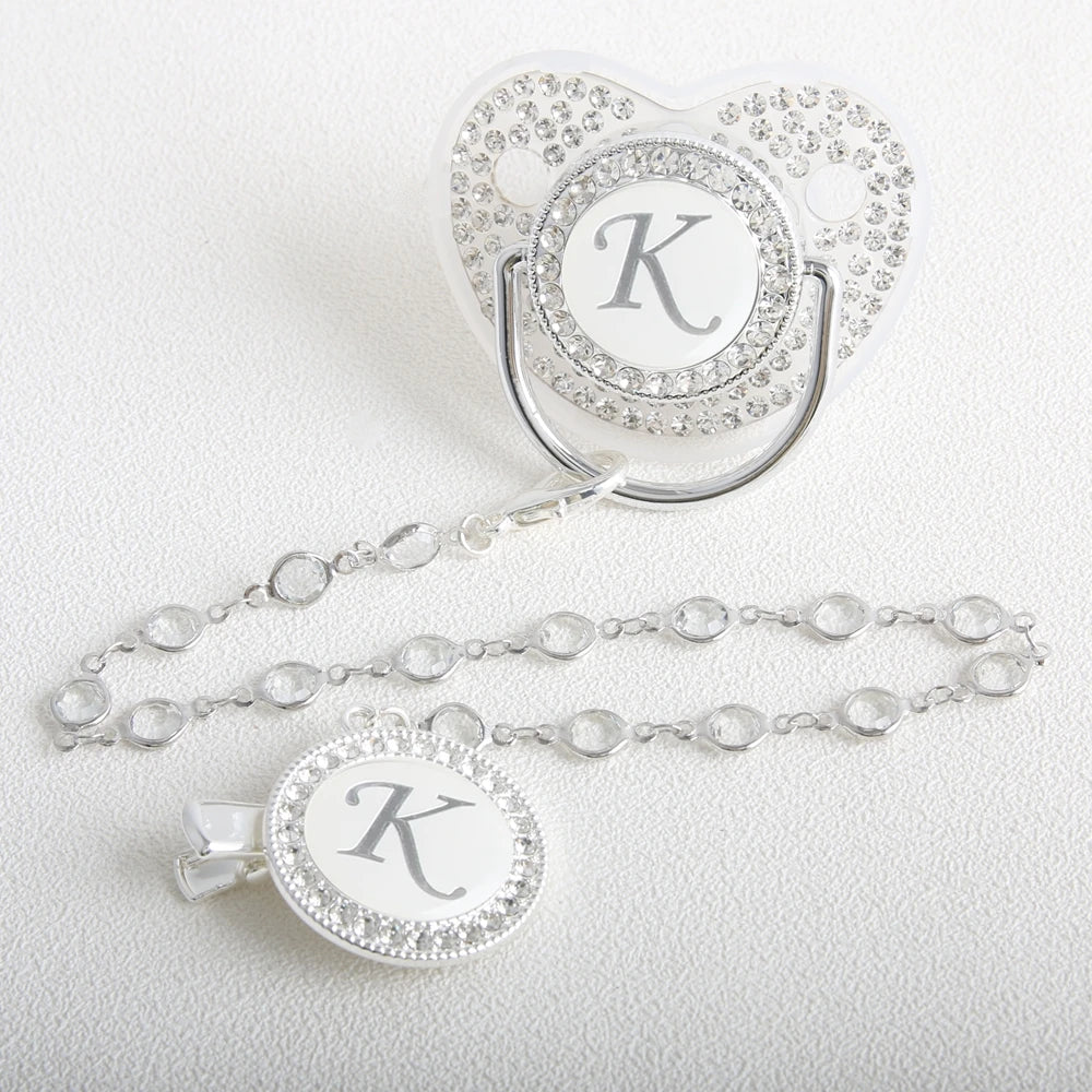 26 Initial Letter Transparent Baby Pacifier With Chain BPA Free Luxury Silver Dummy Soother