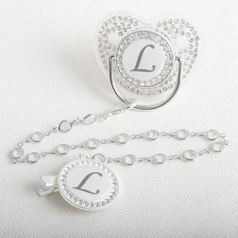 26 Initial Letter Transparent Baby Pacifier With Chain BPA Free Luxury Silver Dummy Soother