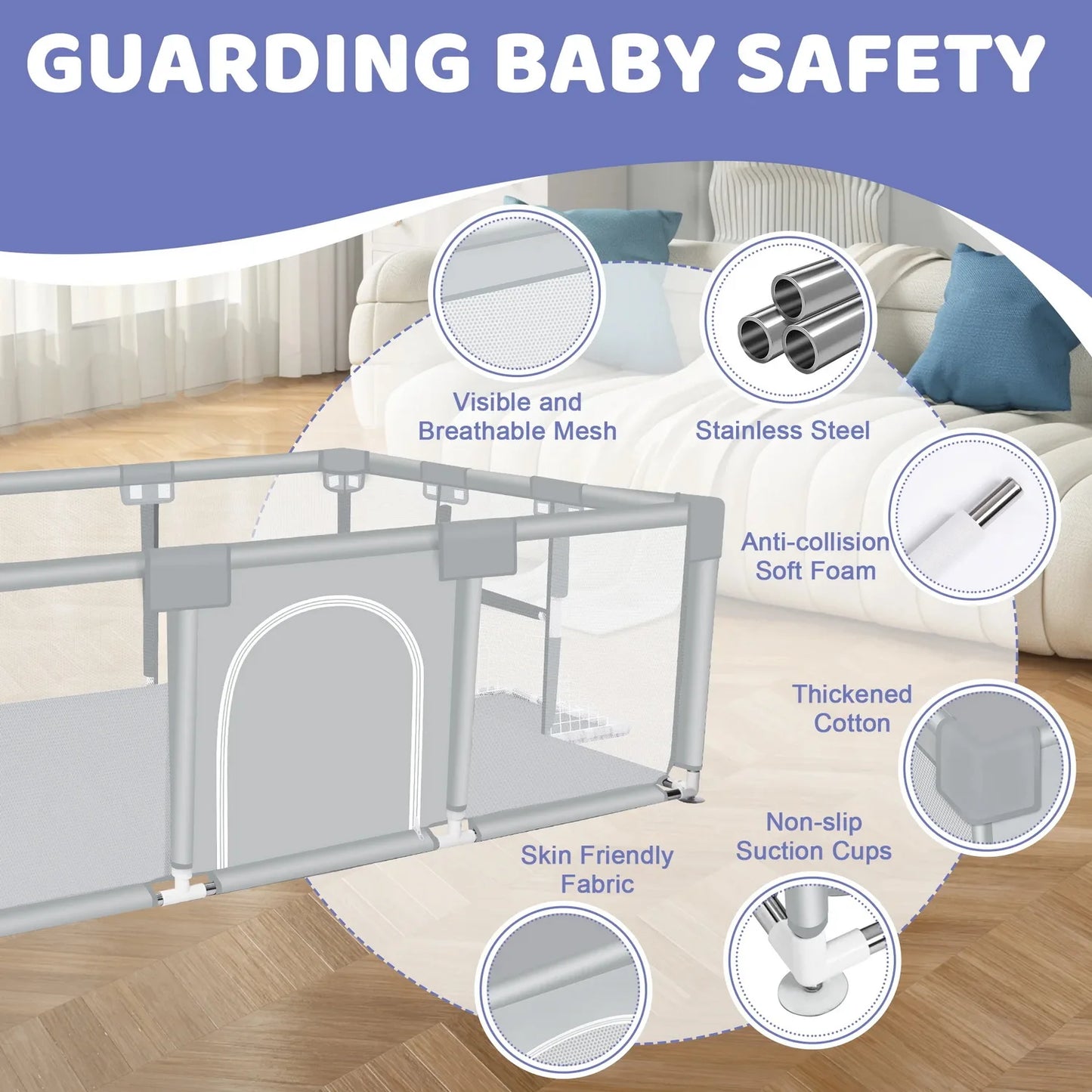 ANGDUO Baby Playpen Light Grey 71 Inch Large Baby Play Yard With Soft Breathable Mesh Safety Play Fence For Infant And Toddlers