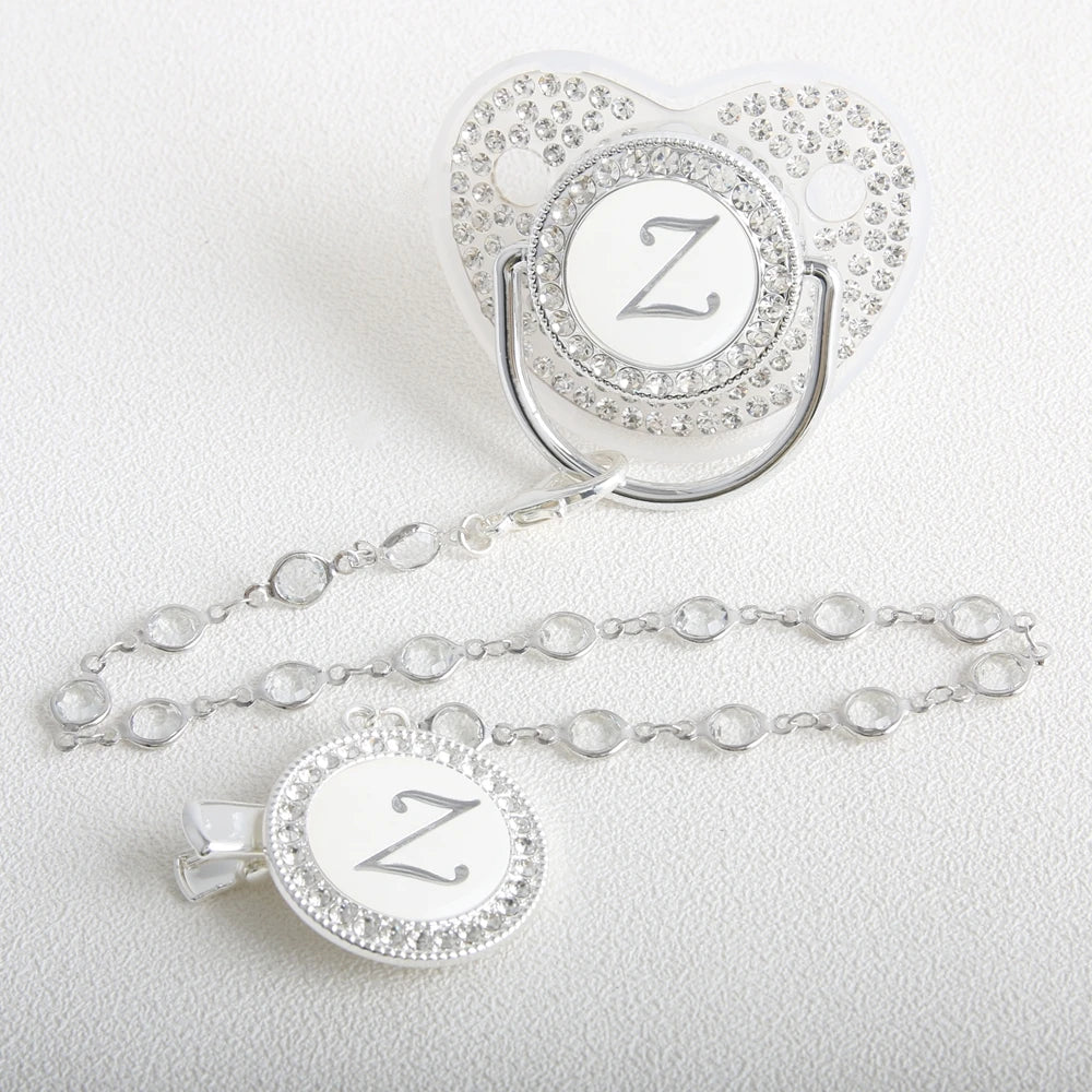 26 Initial Letter Transparent Baby Pacifier With Chain BPA Free Luxury Silver Dummy Soother