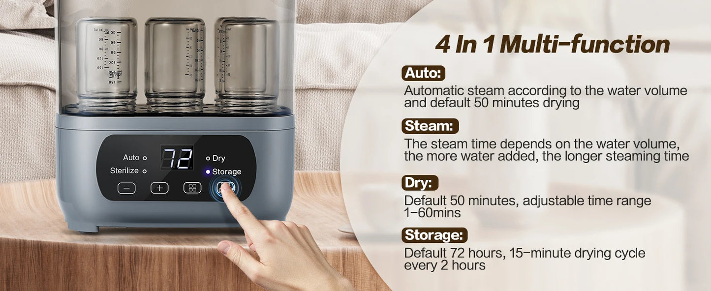 4-in-1 72H Storage, 30-Min Dry, 6 Bottles + Accessories,99.99% Germ-Free Baby Bottle Sterilizer & Dryer