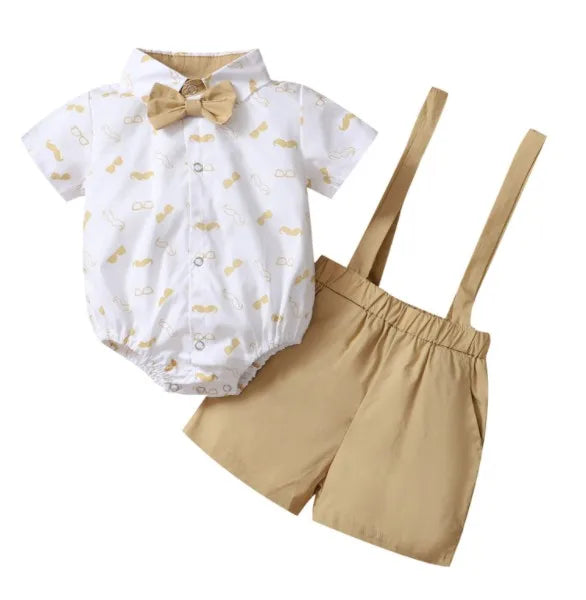 Baby Boys Clothes Set, Beard Print Short Sleeve Lapel Neck Shirt+Solid Color Suspender Shorts