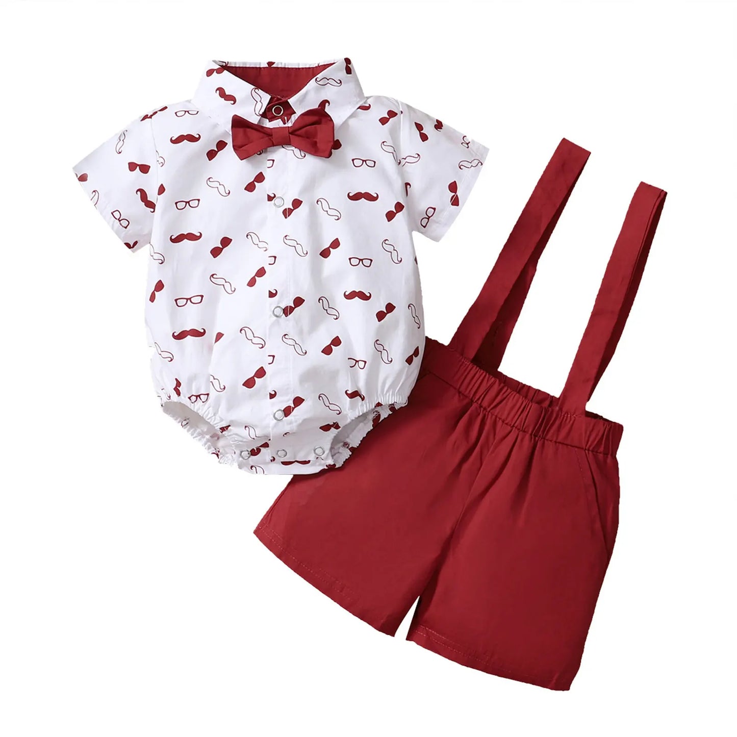 Baby Boys Clothes Set, Beard Print Short Sleeve Lapel Neck Shirt+Solid Color Suspender Shorts