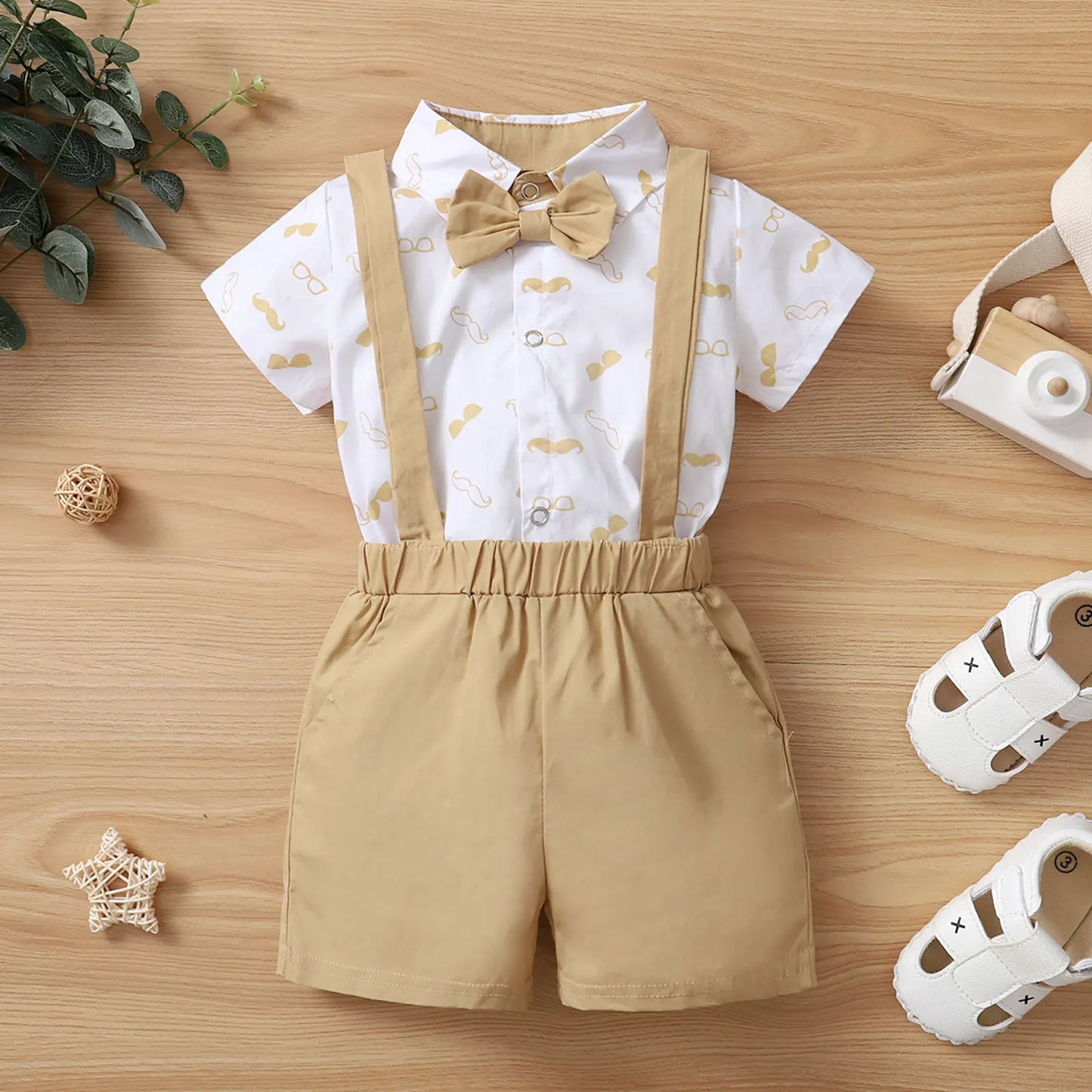 Baby Boys Clothes Set, Beard Print Short Sleeve Lapel Neck Shirt+Solid Color Suspender Shorts