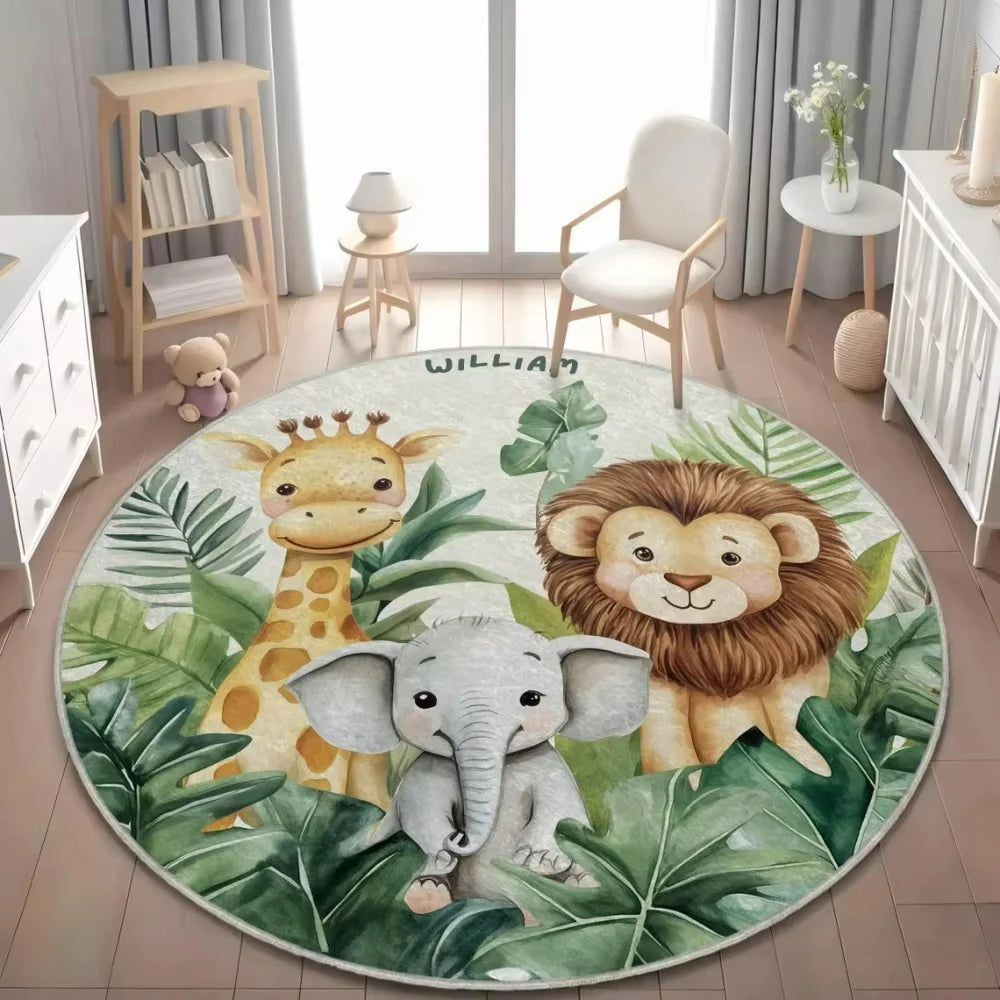 Jungle Safari Animal Round Rug Kids Play Mat for Nursery Bedroom Playroom Lion Giraffe Themed Non Slip Floor Carpet Decor