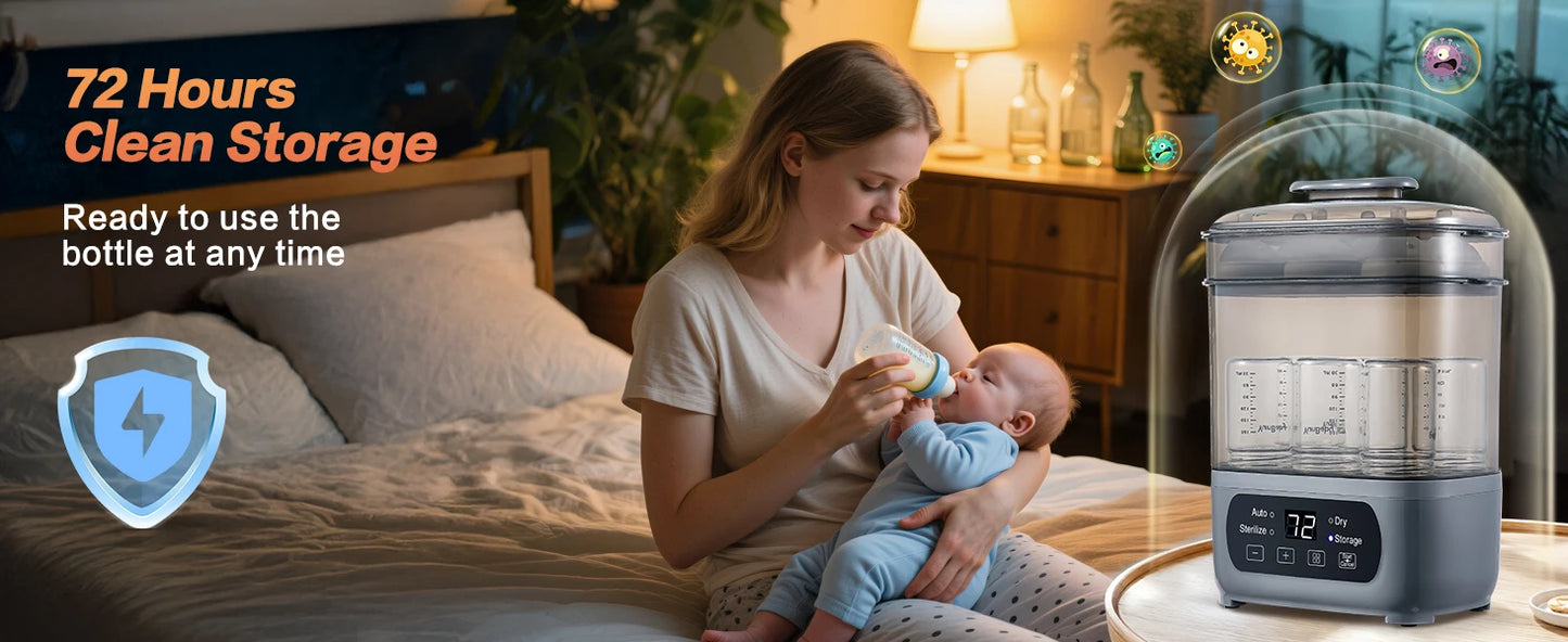 4-in-1 72H Storage, 30-Min Dry, 6 Bottles + Accessories,99.99% Germ-Free‌ Baby Bottle Sterilizer & Dryer