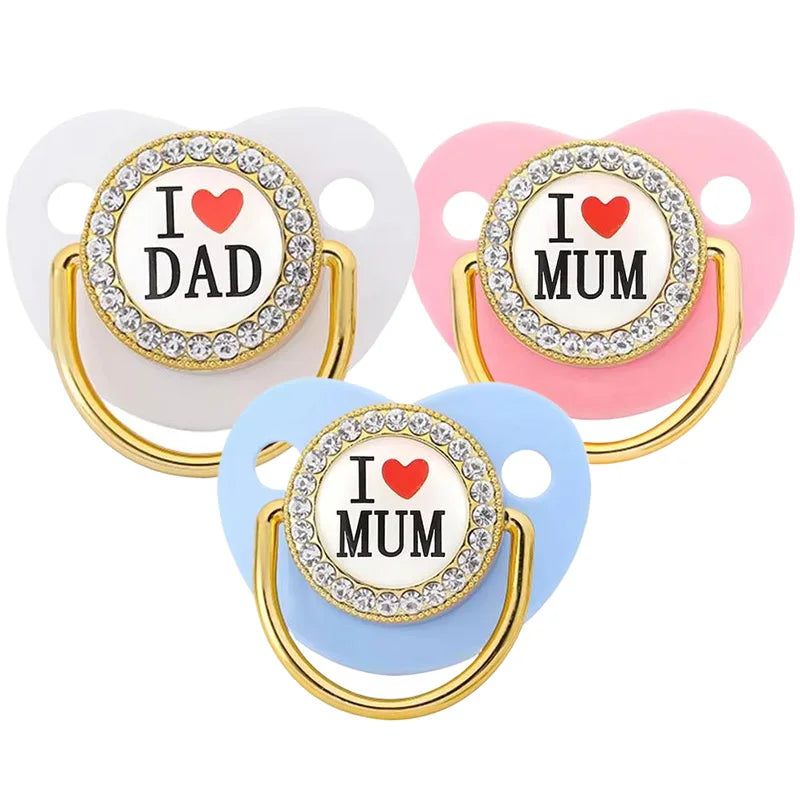 I Love Mum Dad Baby Pacifier with Cover Bling Rhinestones Nipple Toddler Teether Letter Luxury Pacifiers Infant Shower Gift