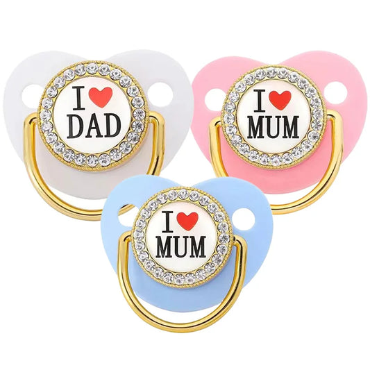 I Love Mum Dad Baby Pacifier with Cover Bling Rhinestones Nipple Toddler Teether Letter Luxury Pacifiers Infant Shower Gift