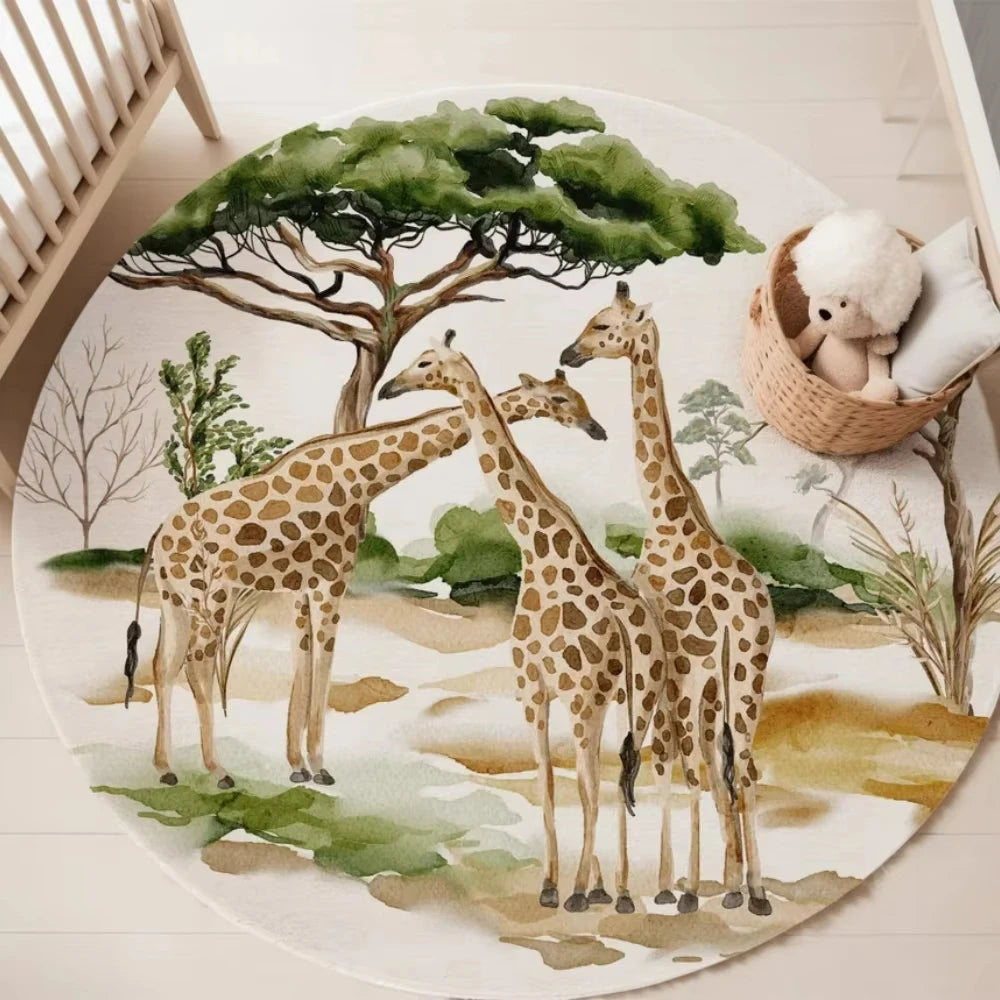 Jungle Safari Animal Round Rug Kids Play Mat for Nursery Bedroom Playroom Lion Giraffe Themed Non Slip Floor Carpet Decor