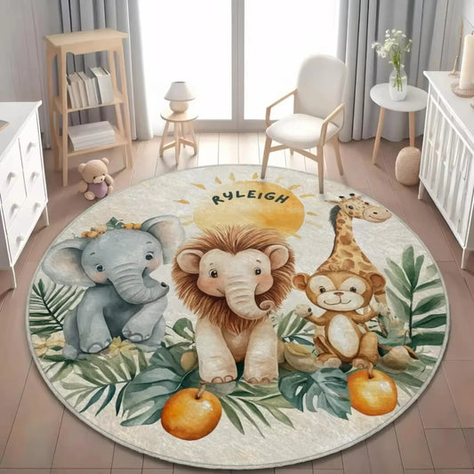Jungle Safari Animal Round Rug Kids Play Mat for Nursery Bedroom Playroom Lion Giraffe Themed Non Slip Floor Carpet Decor
