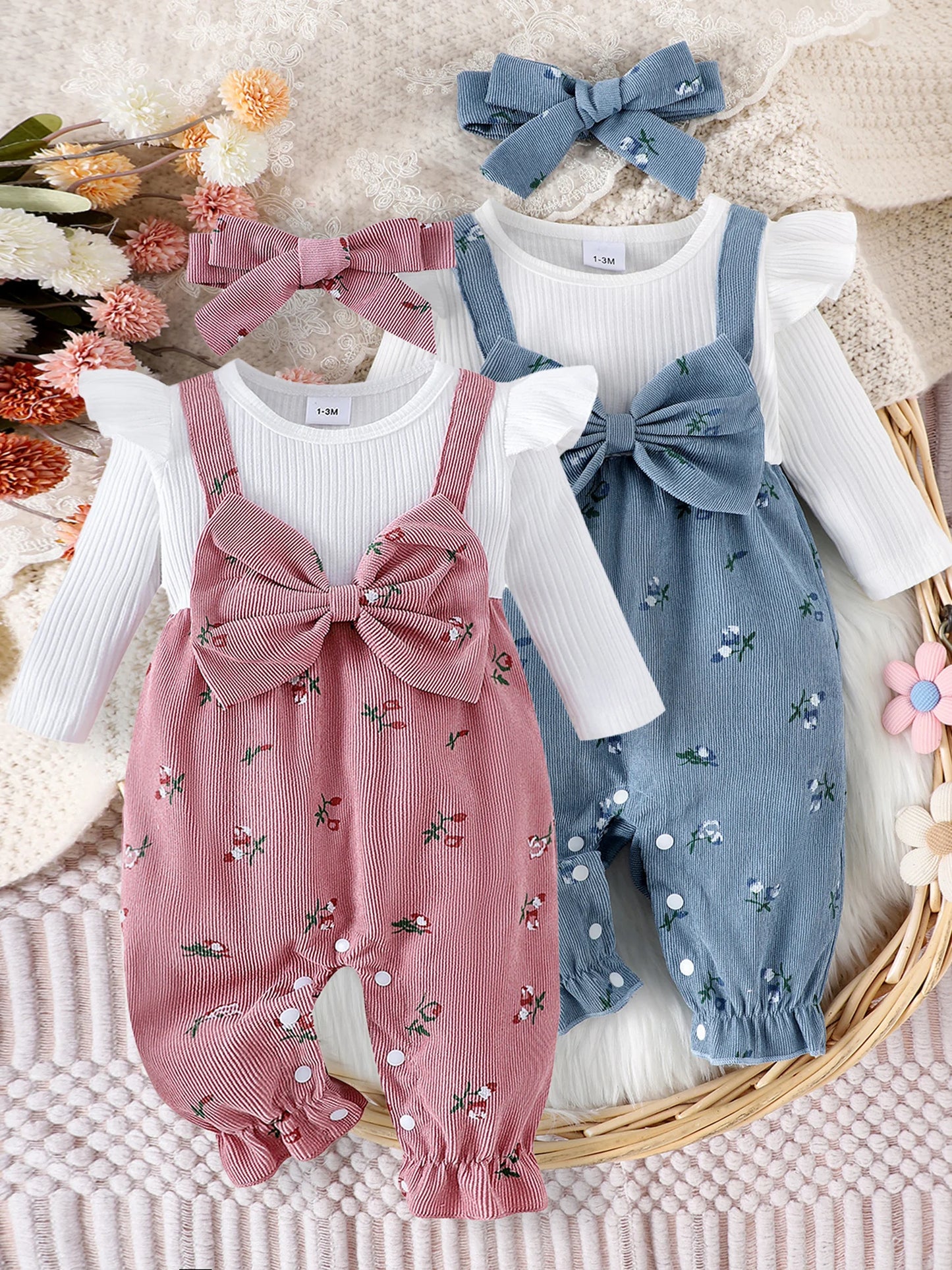 Citgeett Autumn Infant Baby Girls Long Sleeve Romper Floral Print Patchwork Bow Jumpsuits Cute Headband Clothes Set